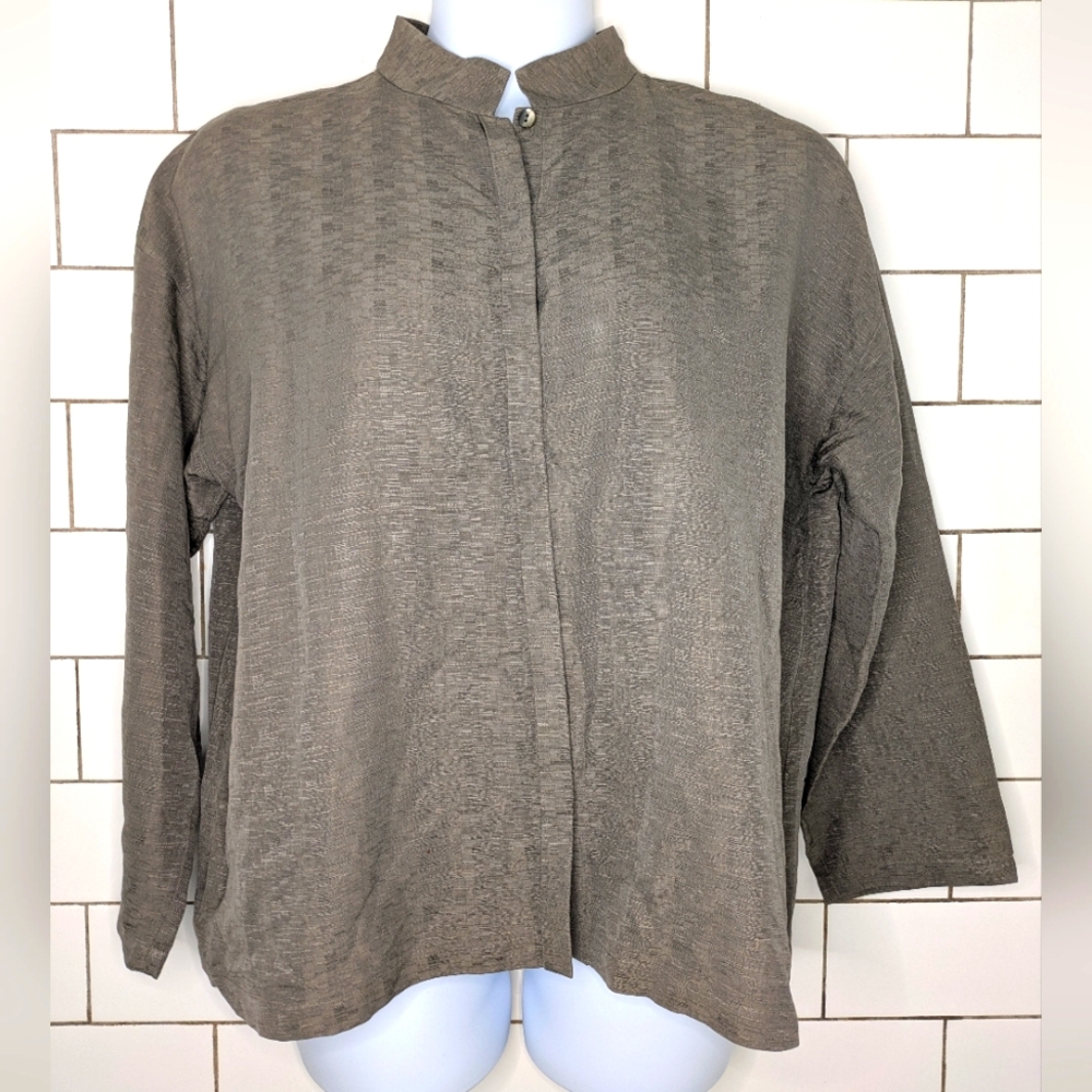 Eileen Fisher Lg Silk & Linen Taupe (Brown/Gray) Textured Button-up Shirt